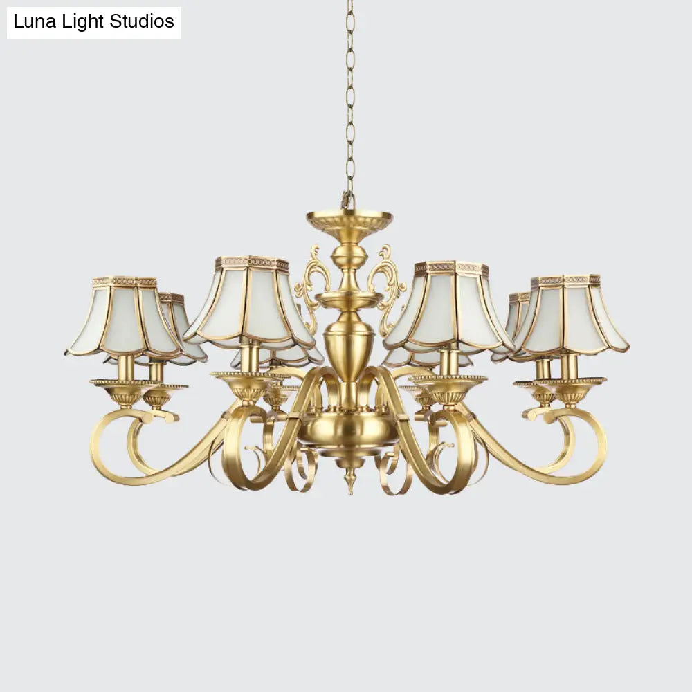 Polished Brass Scalloped Chandelier - Colonial Frosted Glass 8-Light Ceiling Light