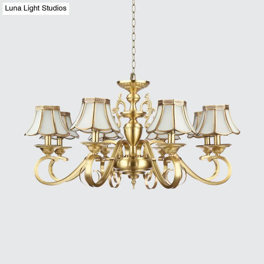 Polished Brass Scalloped Chandelier - Colonial Frosted Glass 8-Light Ceiling Light