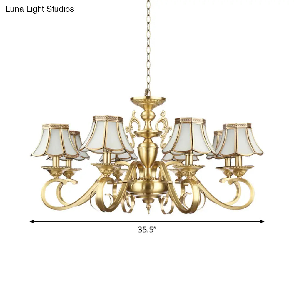 Polished Brass Scalloped Chandelier - Colonial Frosted Glass 8-Light Ceiling Light