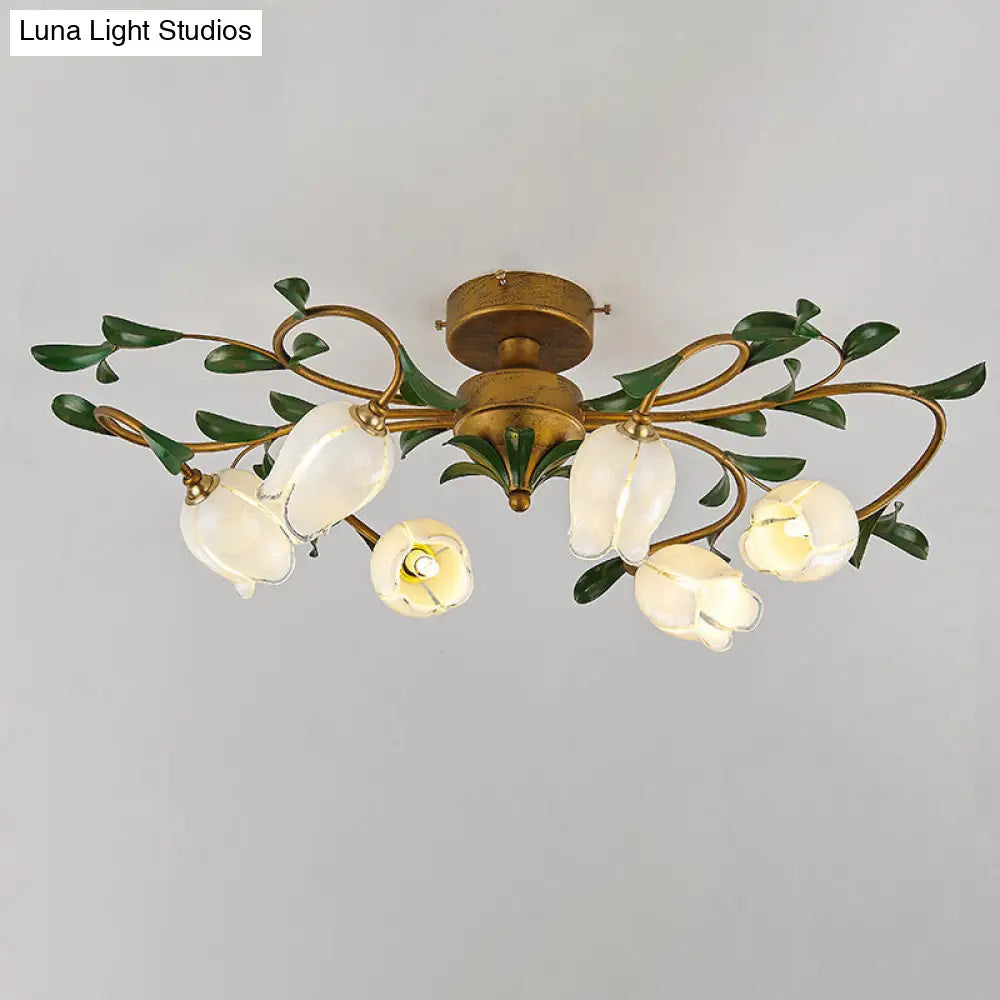 Pomegranate Flower Flushmount Glass Ceiling Light - 6-Head Semi Flush Mount For Dining Room White