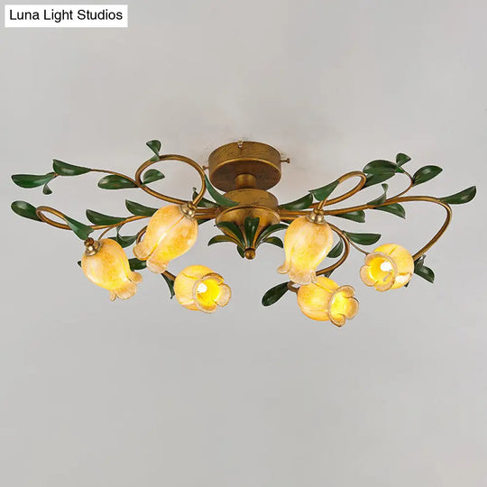 Pomegranate Flower Flushmount Glass Ceiling Light - 6-Head Semi Flush Mount For Dining Room Yellow