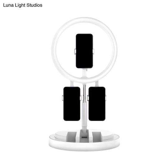 Portable Circular Led Makeup Light With Usb Port - Metal Phone Holder In Black/White/Pink