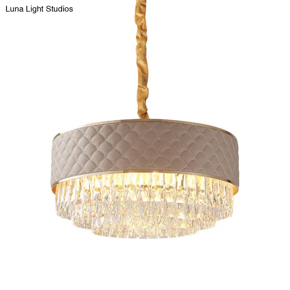 Post-Modern 10-Light Drum Ceiling Crystal Chandelier Light Fixture With Leatherwear Shade