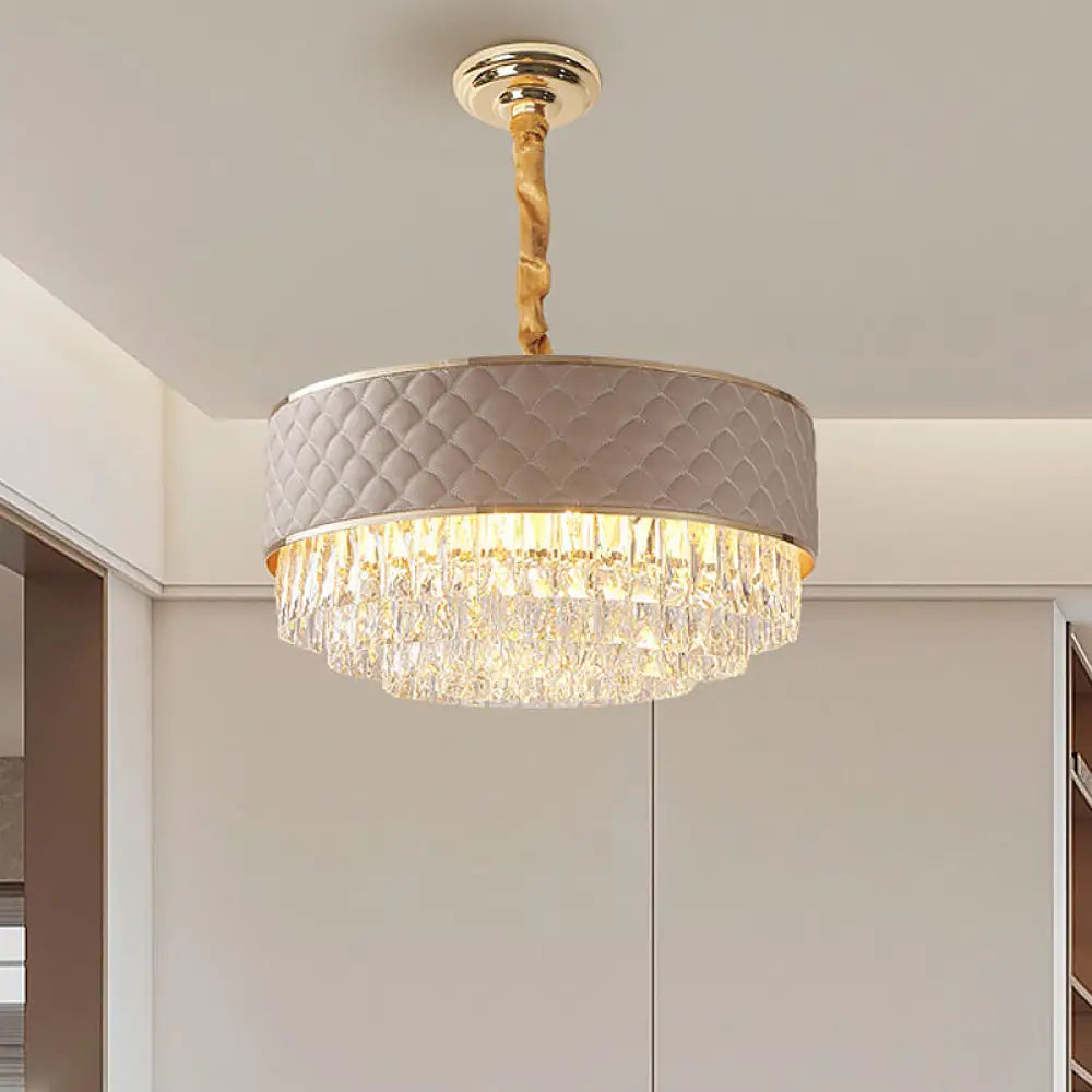 Post-Modern 10-Light Drum Ceiling Crystal Chandelier Light Fixture With Leatherwear Shade Clear