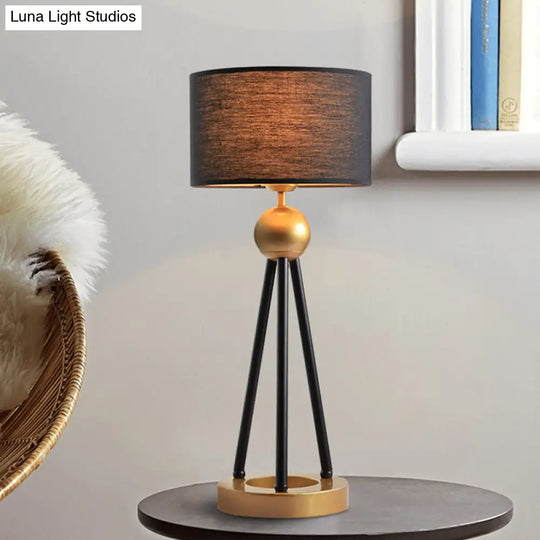 Post-Modern Black Drum Metal Table Lamp With Fabric Shade For Living Room