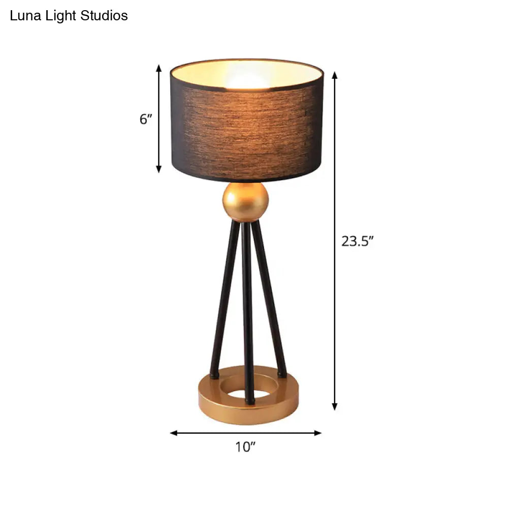 Post-Modern Black Drum Metal Table Lamp With Fabric Shade For Living Room