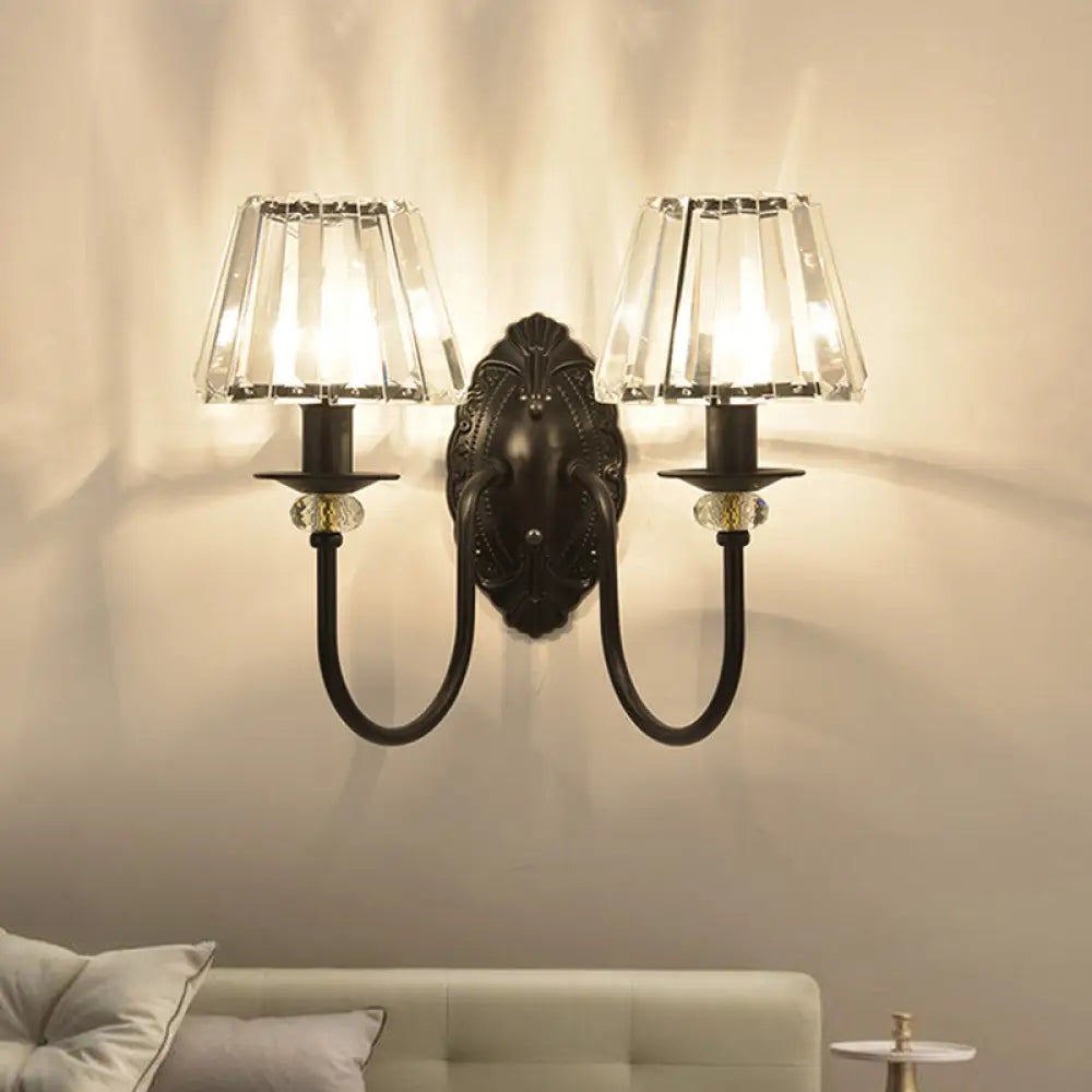 Post-Modern Black Metal Wall Mount Light With Clear Crystal Shade - Trapezoid/Flower/Drum Design /