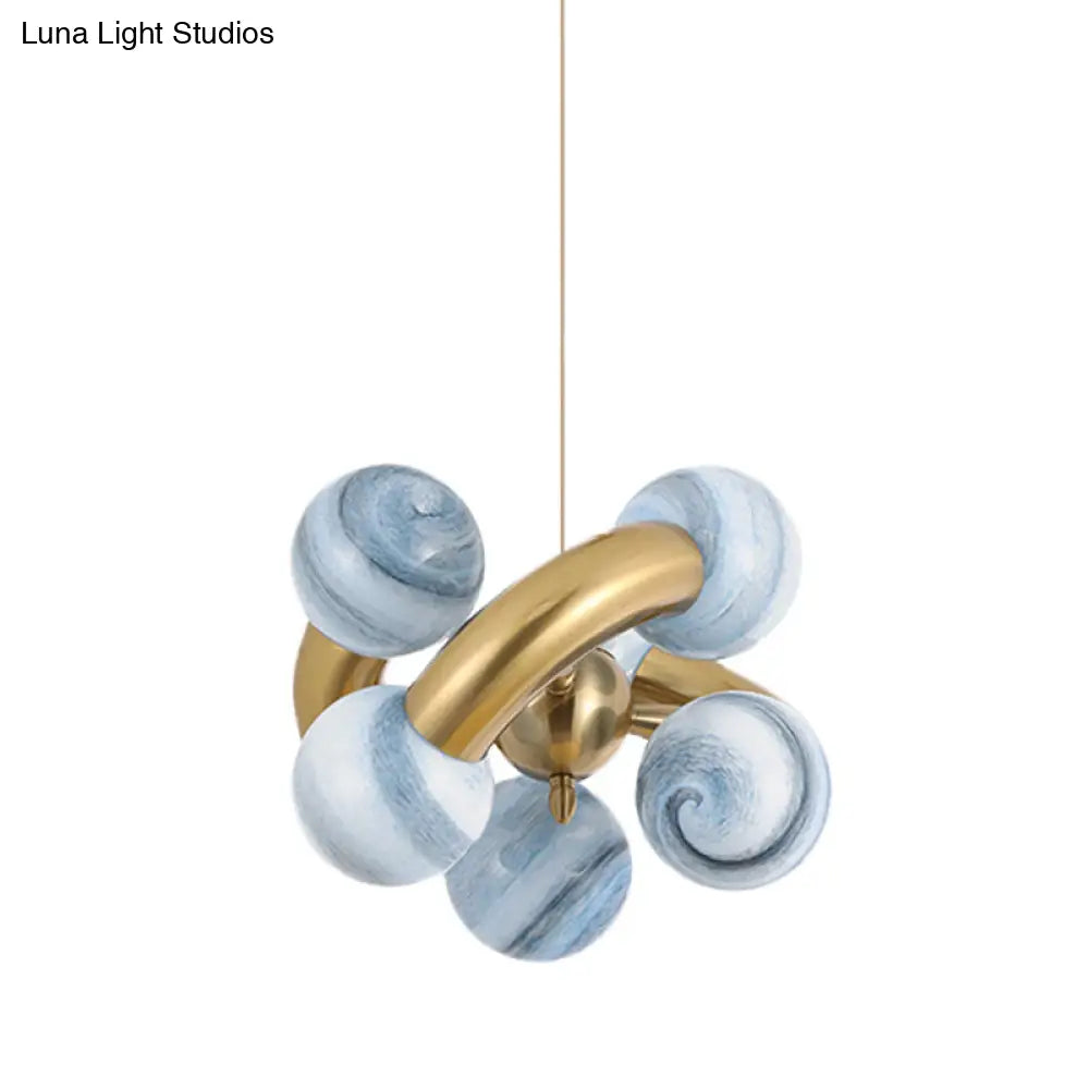 Post-Modern Glass Sphere Chandelier With 6 Led Heads In Blue/Tan Twist Design For Living Room