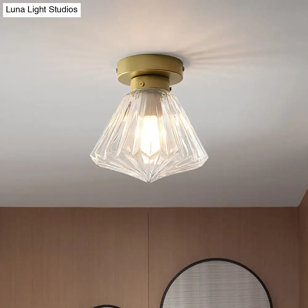 Post Modern Brass Bedroom Flush Mount Light With Prismatic Glass Shade