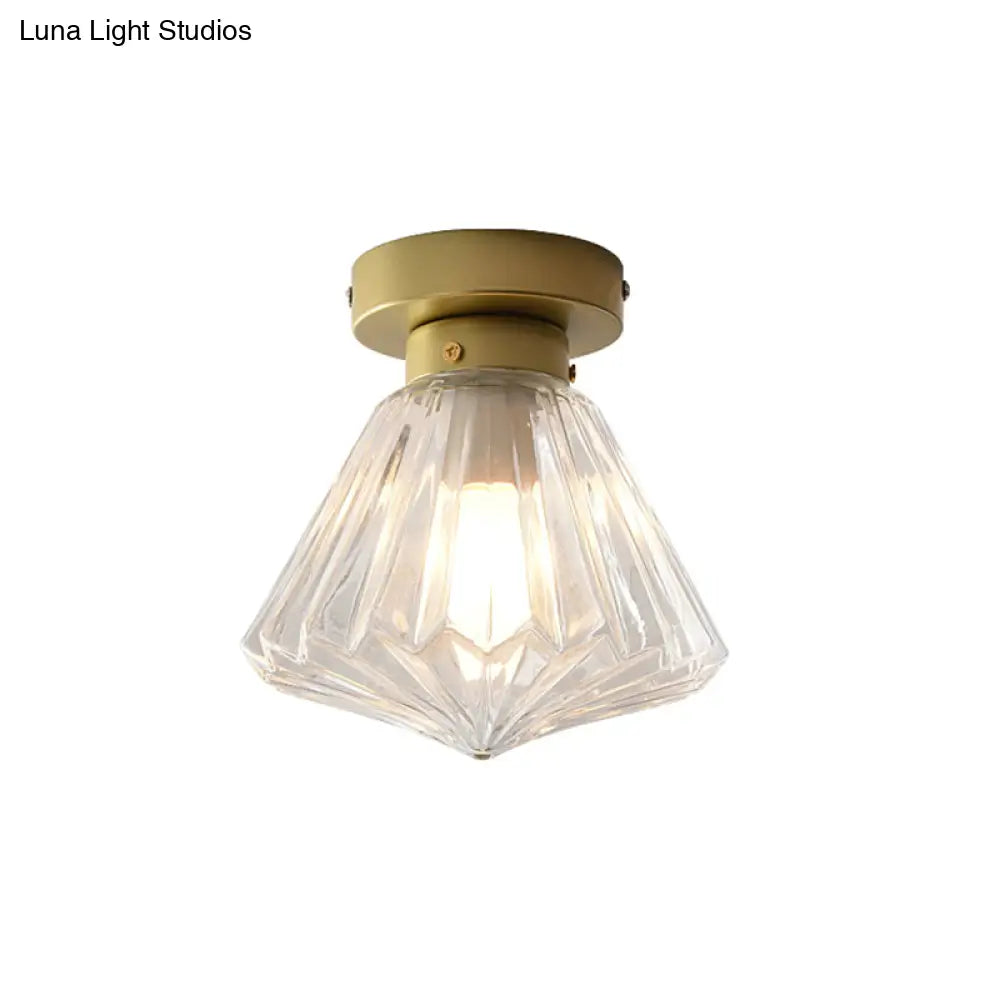 Post Modern Brass Bedroom Flush Mount Light With Prismatic Glass Shade