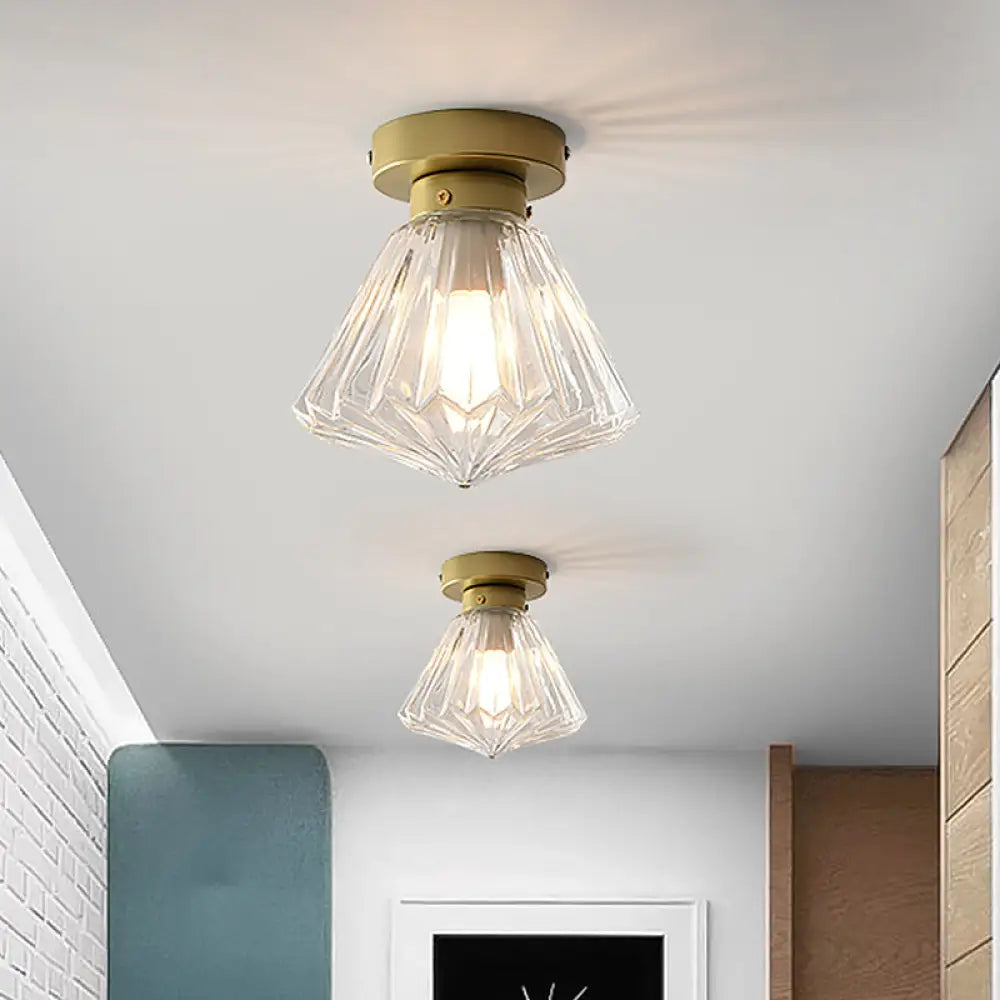 Post Modern Brass Bedroom Flush Mount Light With Prismatic Glass Shade