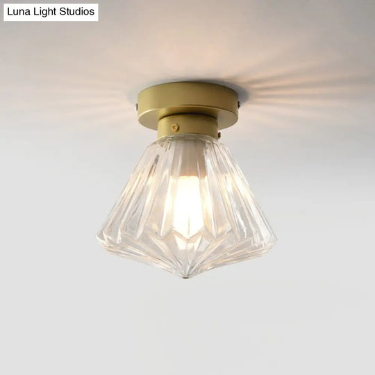 Post Modern Brass Bedroom Flush Mount Light With Prismatic Glass Shade