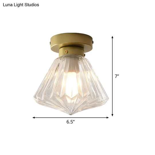 Post Modern Brass Bedroom Flush Mount Light With Prismatic Glass Shade