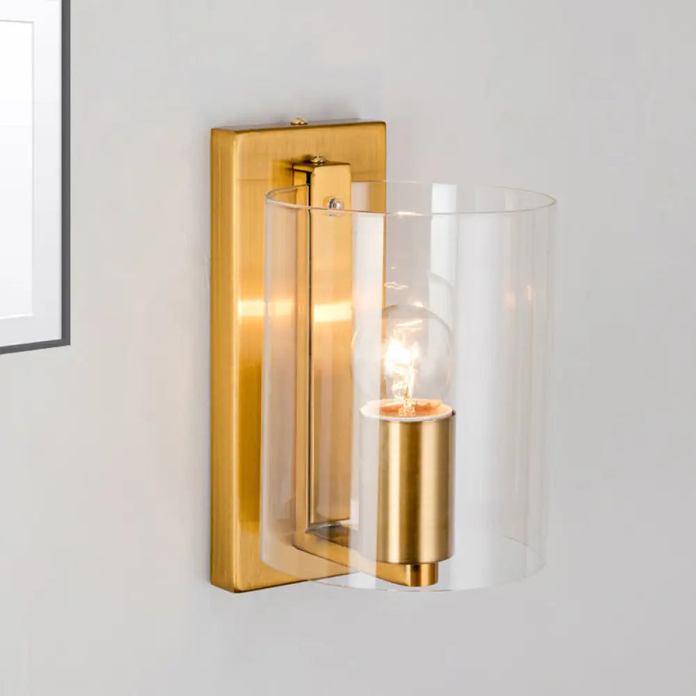 Post Modern Brass Finish Wall Lamp With Clear/Textured White Glass - Cylindric Sconce Design (1