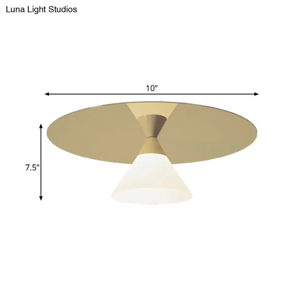 Post - Modern Brass Flush Mount Ceiling Light With White Glass Shade And Cone Design