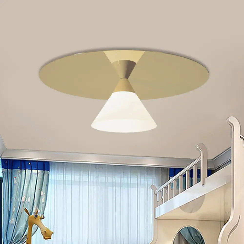 Post - Modern Brass Flush Mount Ceiling Light With White Glass Shade And Cone Design Gold