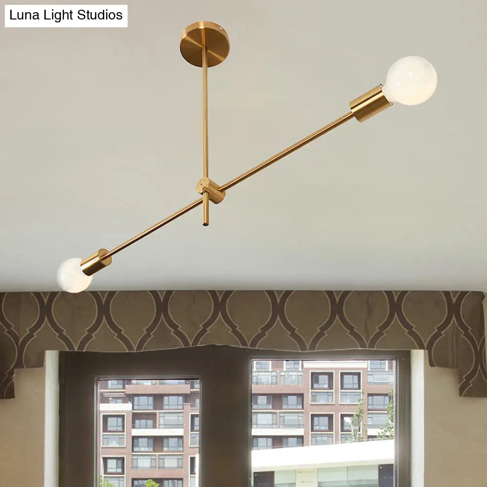 Post Modern Brass Hanging Light Kit - 2-Bulb Metallic Chandelier Pendant Lamp For Living Room