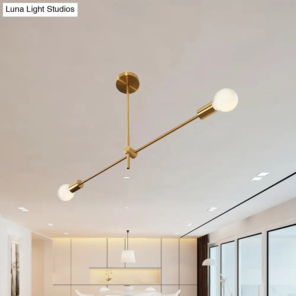 Modern Brass Linear Hanging Light Kit - 2-Bulb Metallic Chandelier Pendant Lamp For Living Room