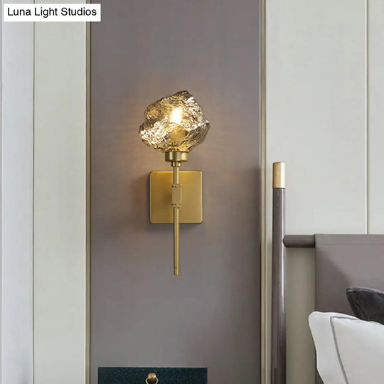 Post Modern Brass Ice Block Wall Light Sconce With Amber/Smoke Gray Glass - Mounted Lamp For Living