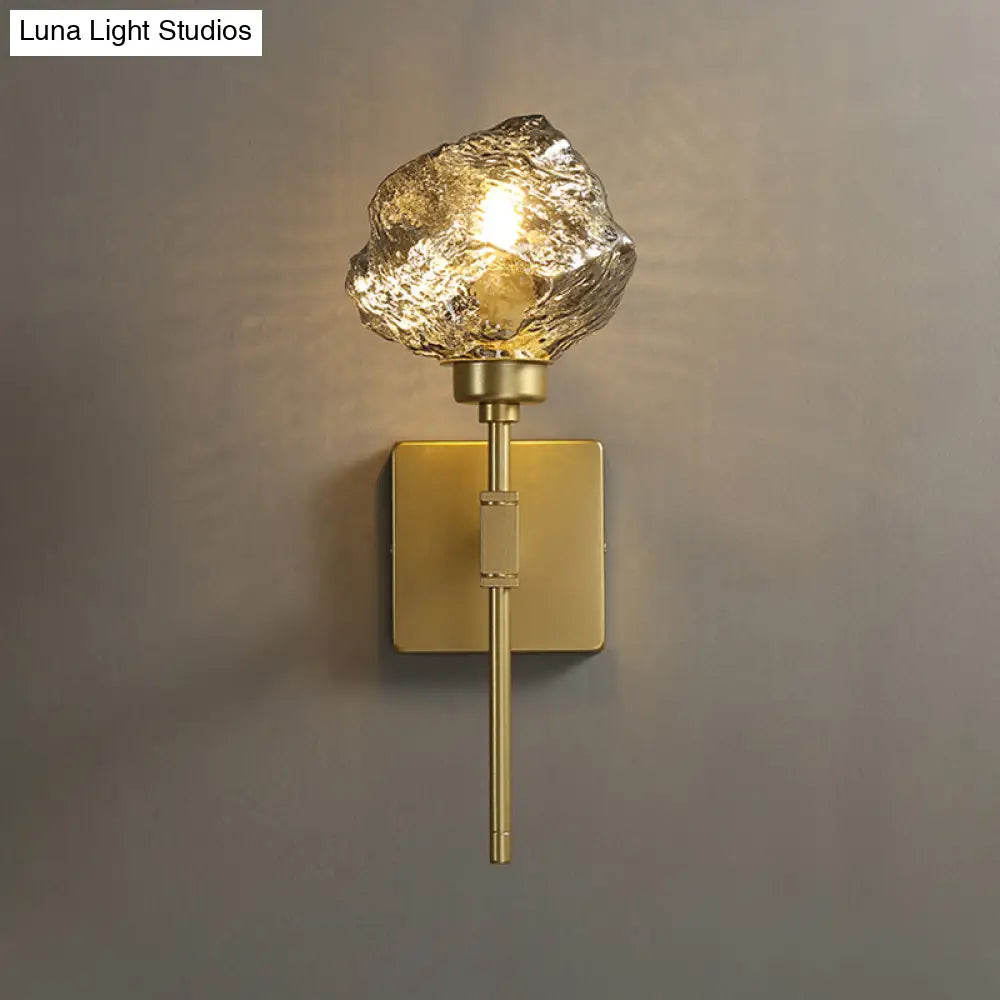 Post Modern Brass Ice Block Wall Light Sconce With Amber/Smoke Gray Glass - Mounted Lamp For Living