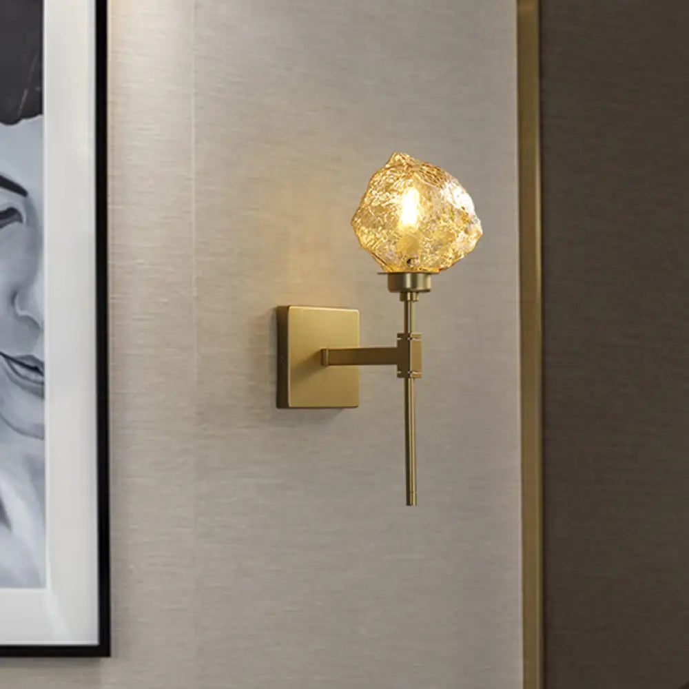 Post Modern Brass Ice Block Wall Light Sconce With Amber/Smoke Gray Glass - Mounted Lamp For Living