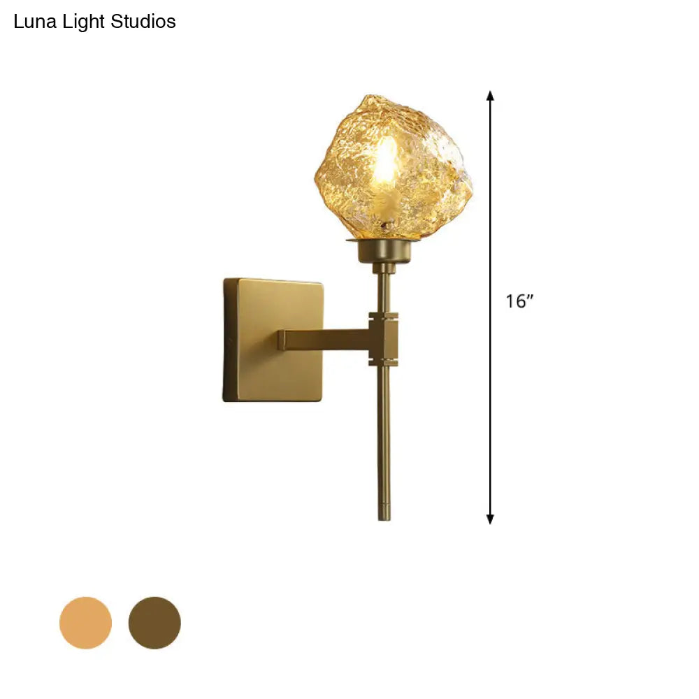 Post Modern Brass Ice Block Wall Light Sconce With Amber/Smoke Gray Glass - Mounted Lamp For Living