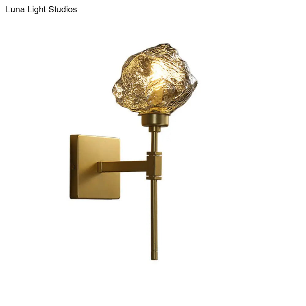 Post Modern Brass Ice Block Wall Light Sconce With Amber/Smoke Gray Glass - Mounted Lamp For Living