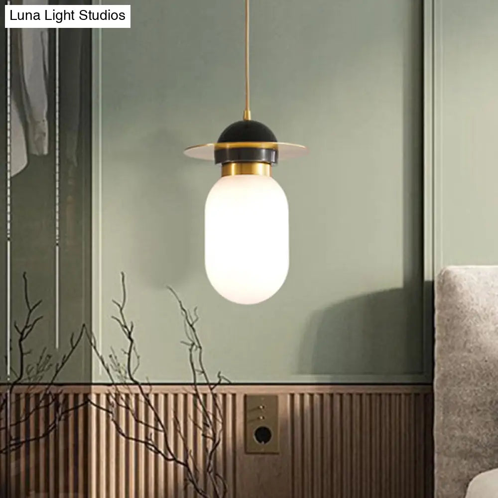 Post-Modern White Glass Pill Capsule Pendant Light Fixture: Single Bedside Suspension Lamp In Brass