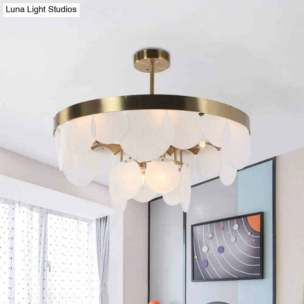 White Glass Semi Flushmount With Ring Design - 6 Bulb Bedroom Ceiling Light In Brass