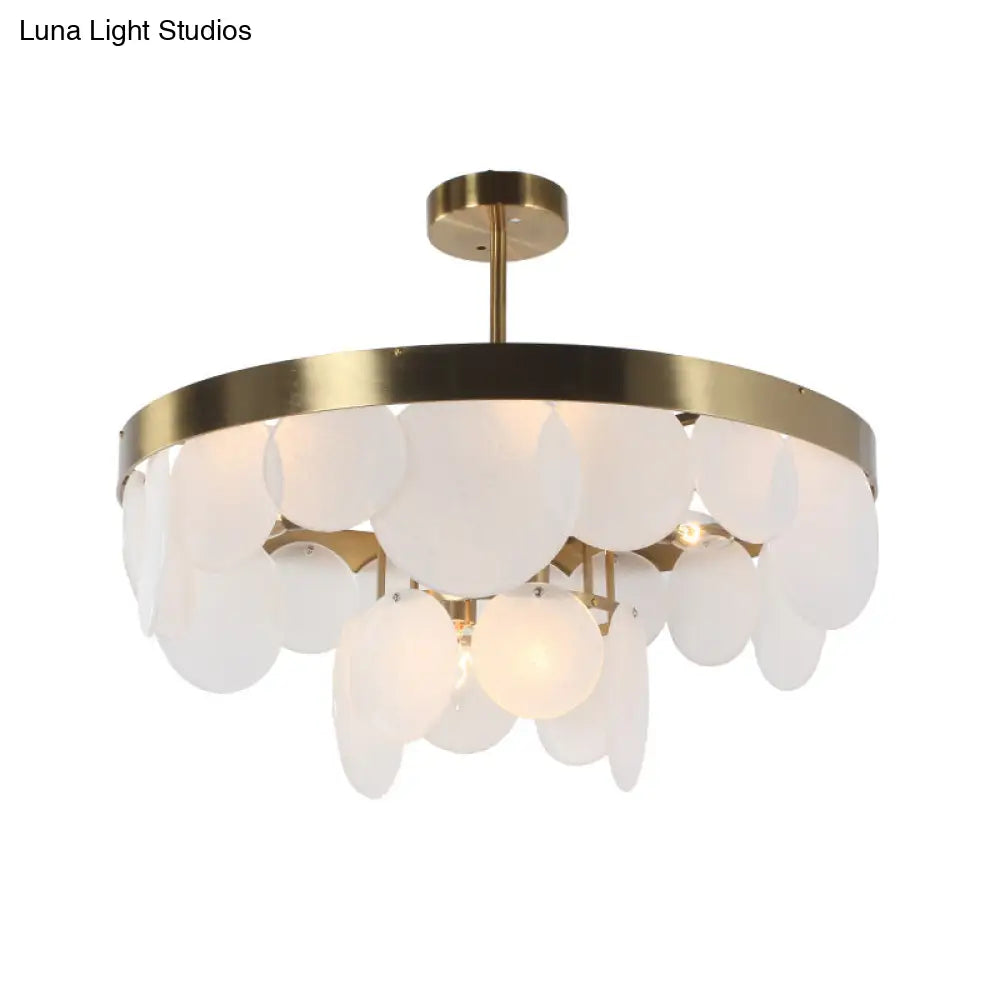 Post - Modern Circle Panel Flushmount White Glass Ceiling Light - 6 Bulbs Brass With Ring Design