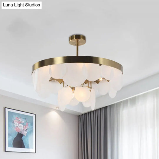 White Glass Semi Flushmount With Ring Design - 6 Bulb Bedroom Ceiling Light In Brass