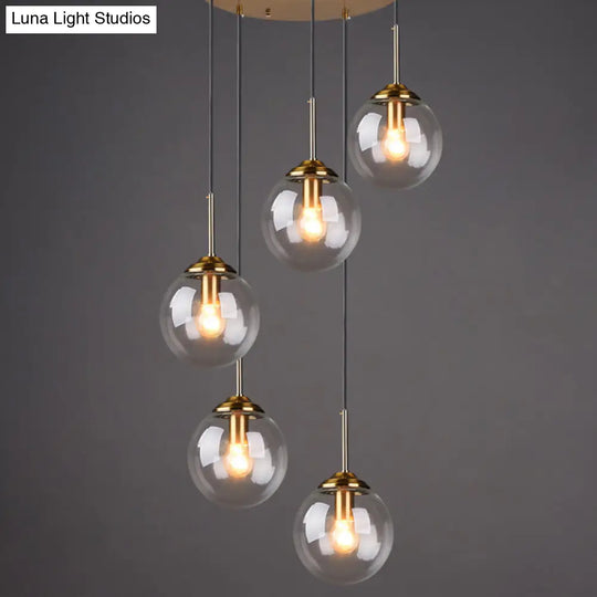 Brass Finish Cluster Ball Pendant - Post-Modern Glass Suspended Lighting Fixture With 5 Bulbs Clear