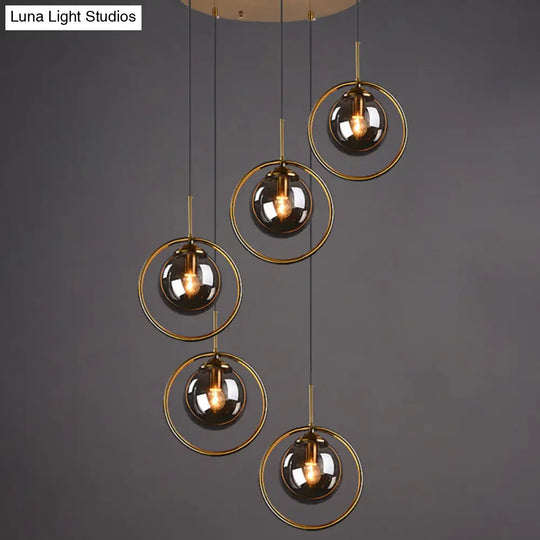 Brass Finish Cluster Ball Pendant - Post-Modern Glass Suspended Lighting Fixture With 5 Bulbs Smoke