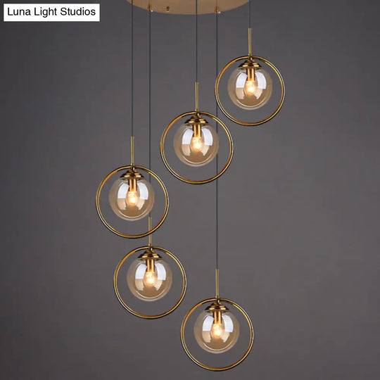 Brass Finish Cluster Ball Pendant - Post-Modern Glass Suspended Lighting Fixture With 5 Bulbs Amber