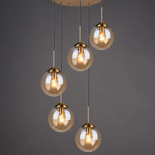 Post-Modern Cluster Ball Pendant Light Fixture With Brass Finish & Glass Shades - 5 Bulb Suspension