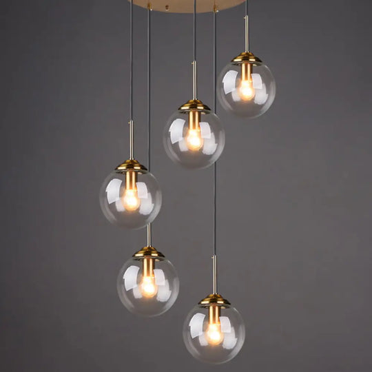 Post-Modern Cluster Ball Pendant Light Fixture With Brass Finish & Glass Shades - 5 Bulb Suspension