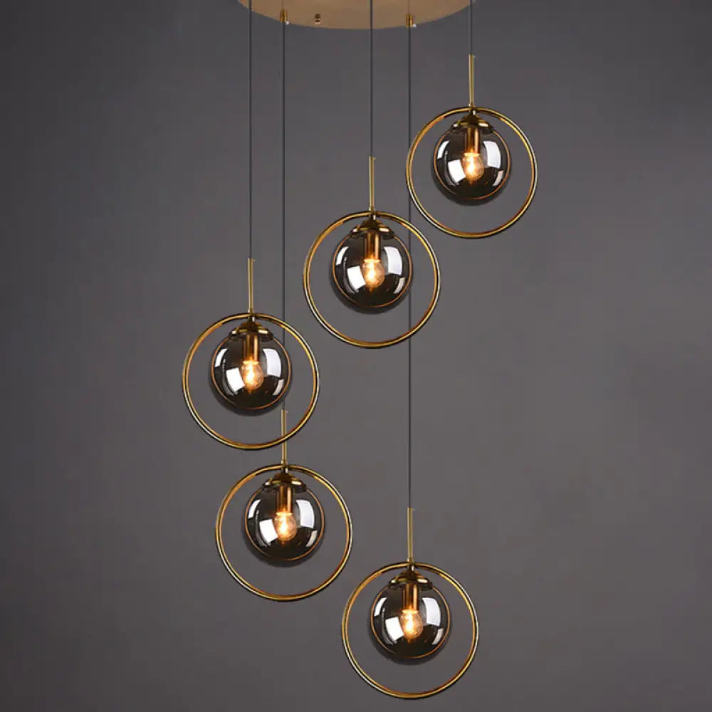 Post-Modern Cluster Ball Pendant Light Fixture With Brass Finish & Glass Shades - 5 Bulb Suspension