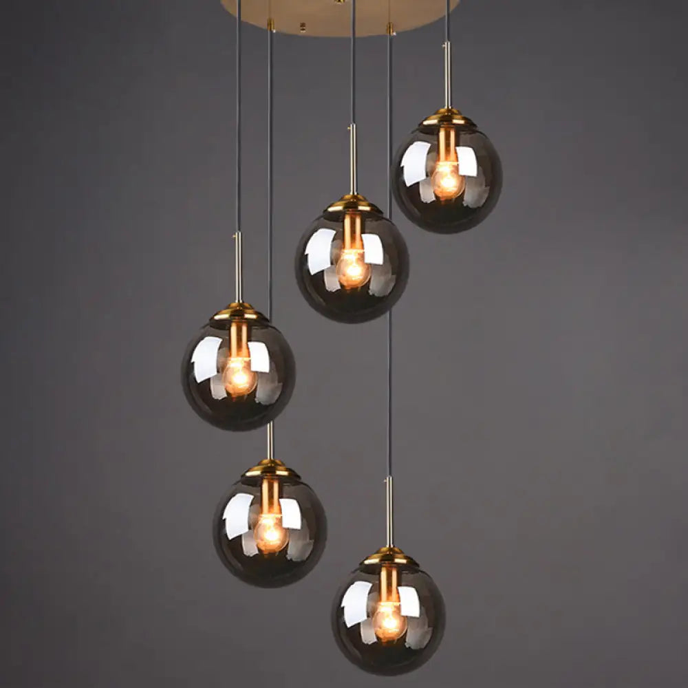 Post-Modern Cluster Ball Pendant Light Fixture With Brass Finish & Glass Shades - 5 Bulb Suspension