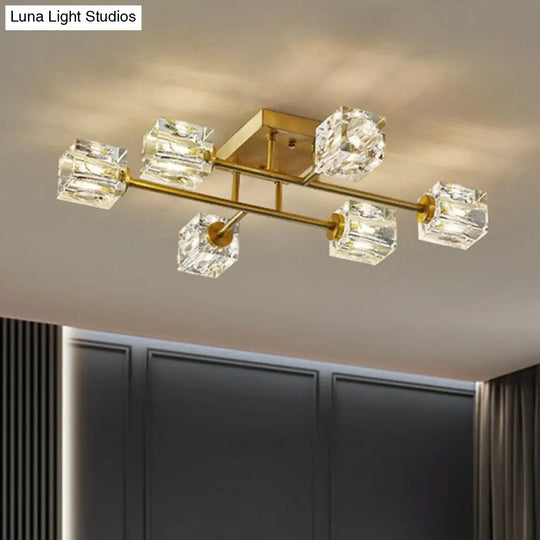 Post-Modern Crystal Cube Ceiling Light With Gold Finish
