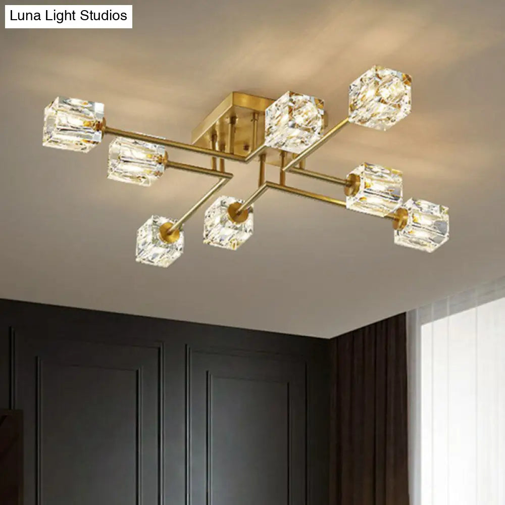 Post-Modern Crystal Cube Ceiling Light With Gold Finish