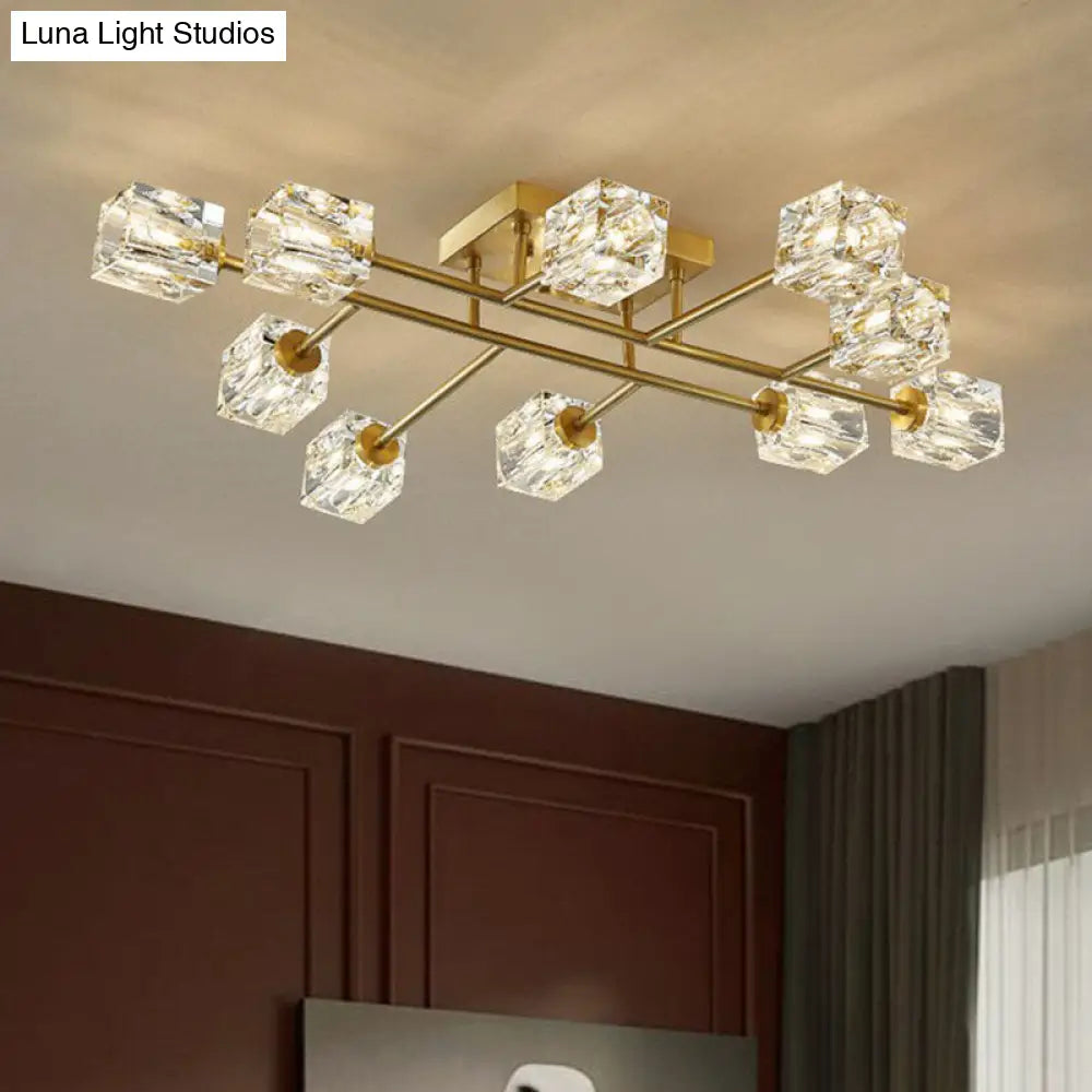 Post-Modern Crystal Cube Ceiling Light With Gold Finish