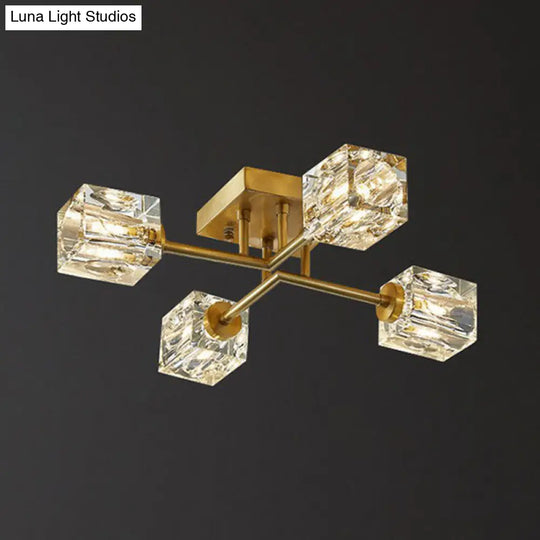 Post-Modern Crystal Cube Ceiling Light With Gold Finish