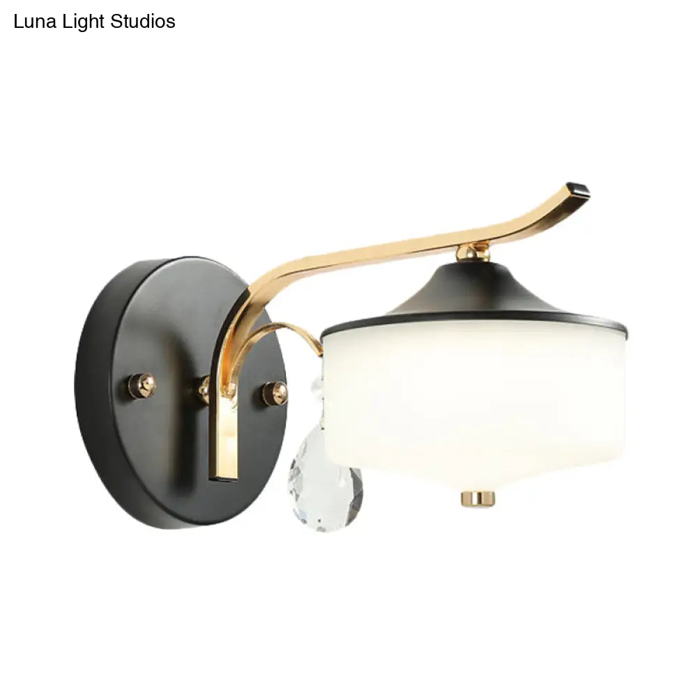 Post Modern Drum Indoor Wall Sconce With Opal Glass And Crystal Droplet In Black Gold Led Lighting