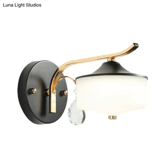 Post Modern Drum Indoor Wall Sconce With Opal Glass And Crystal Droplet In Black Gold Led Lighting