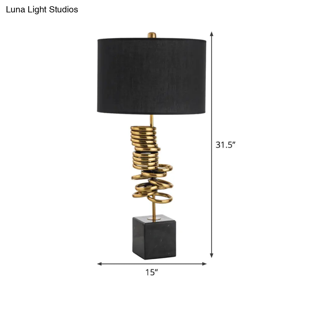 Post-Modern Drum Marble Table Lamp In Black With Fabric Shade - Ideal For Living Room Lighting