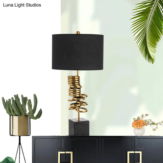 Post-Modern Drum Marble Table Lamp In Black With Fabric Shade - Ideal For Living Room Lighting