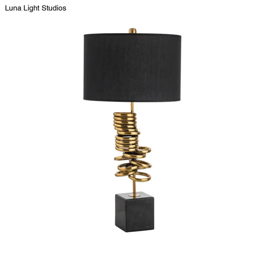 Post-Modern Drum Marble Table Lamp In Black With Fabric Shade - Ideal For Living Room Lighting