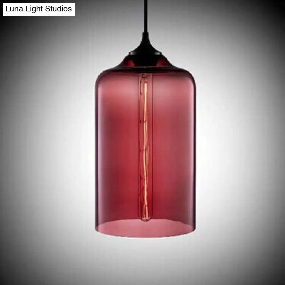 Modern Glass Cylinder Pendant Light - 1 Red/Blue/Clear Hanging Fixture Rose Red