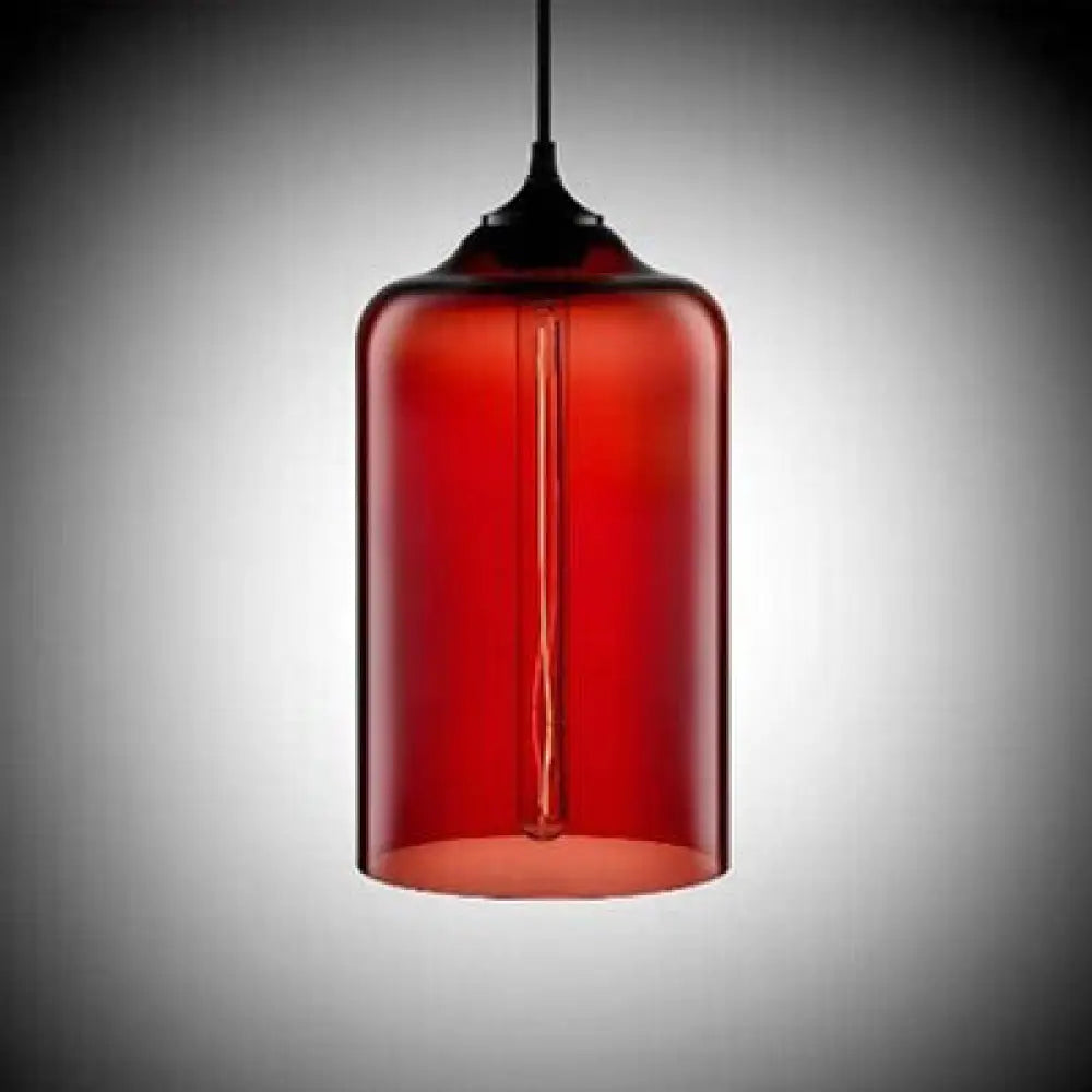 Post-Modern Glass Cylinder Pendant Light In Red/Blue/Clear With 1 Hanging Red