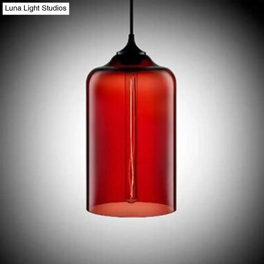 Modern Glass Cylinder Pendant Light - 1 Red/Blue/Clear Hanging Fixture Red